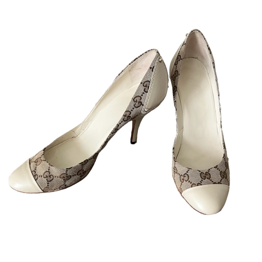 AUTHENTIC GUCCI SIGNATURE LOGO HEEL PUMP LEATHER BROWN CREAM CLOTH SIZE 10 40